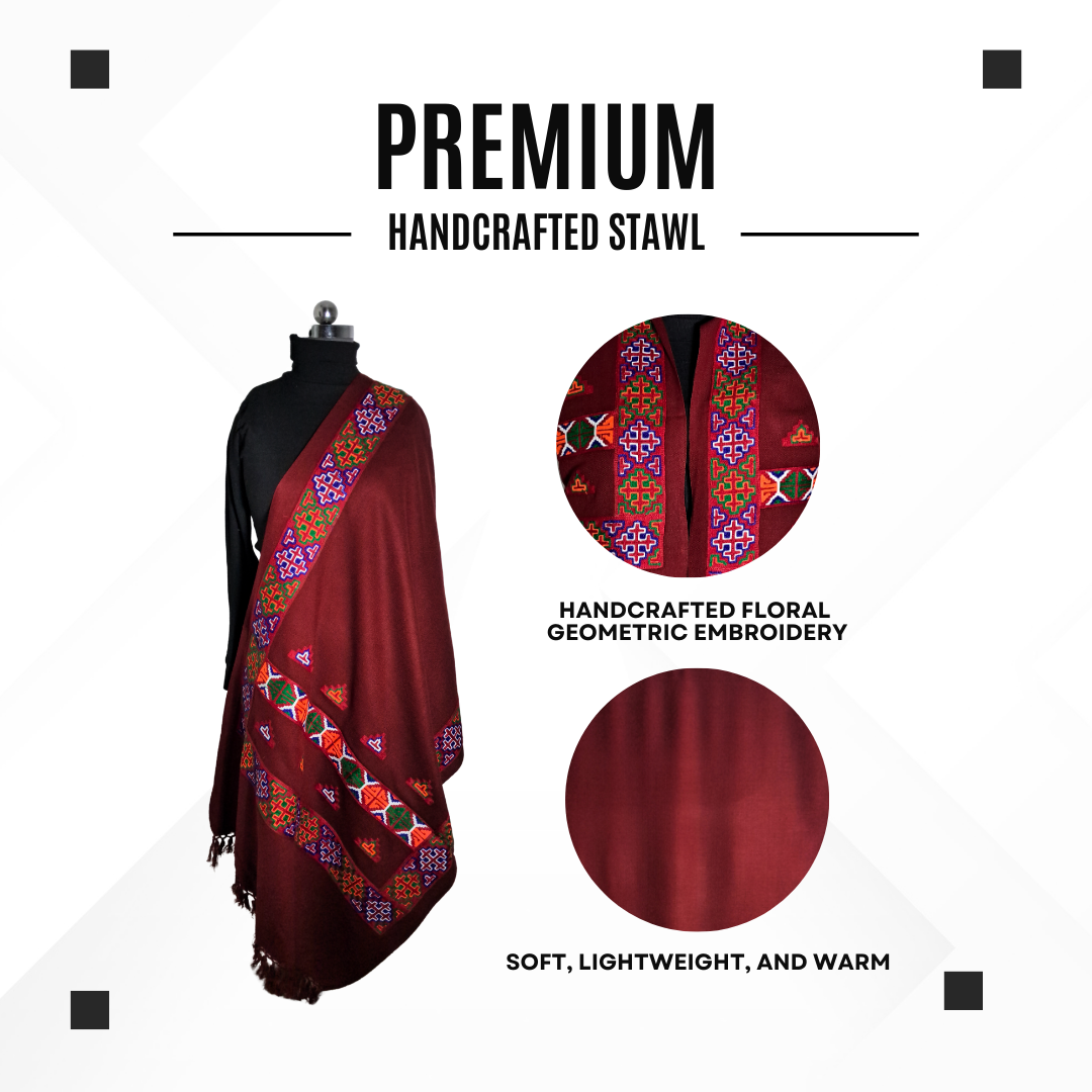 Women Premium Kinnauri Patti Woolen Stole - 100% Pure with Intricate Embroidery (Detailing) on All Four Sides (Unisex)