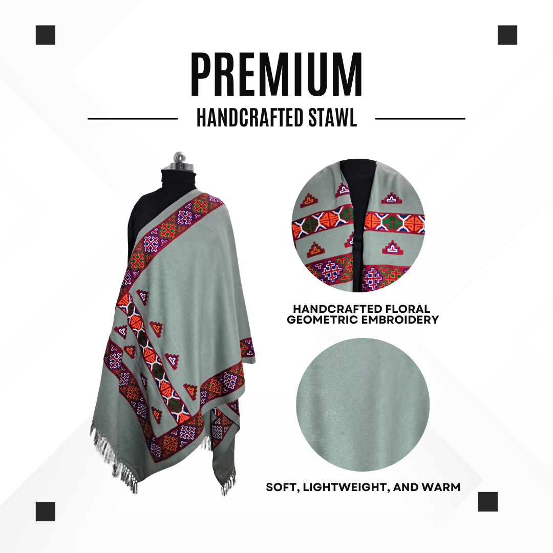 Women Premium Kinnauri Patti Woolen Stole - 100% Pure with Intricate Embroidery (Detailing) on All Four Sides