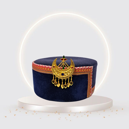 Himachali Traditional Saneel Gotta Topi with Royal Navy Blue color Patti and Golden Chand on top Unisex Cap