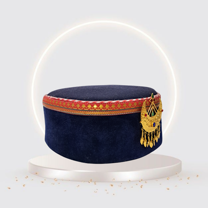 Himachali Traditional Saneel Gotta Topi with Royal Navy Blue color Patti and Golden Chand on top Unisex Cap