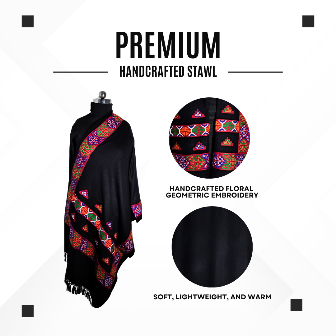 Women Premium Kinnauri Patti Woolen Stole - 100% Pure with Intricate Embroidery (Detailing) on All Four Sides (Unisex)