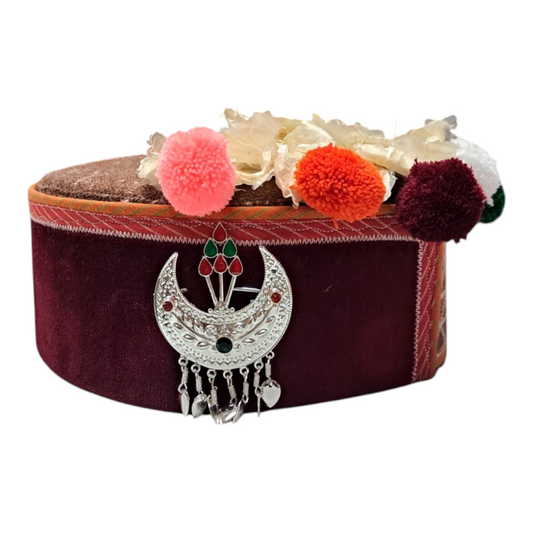 Himachali Traditional Kinnauri Topi with Maroon Patti and Pom-Poms Flower, Silver Chand on top Unisex Cap