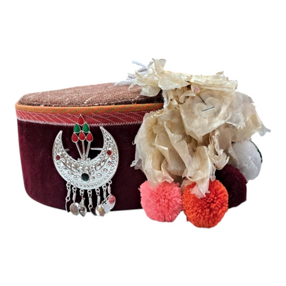 Himachali Traditional Kinnauri Topi with Maroon Patti and Pom-Poms Flower, Silver Chand on top Unisex Cap