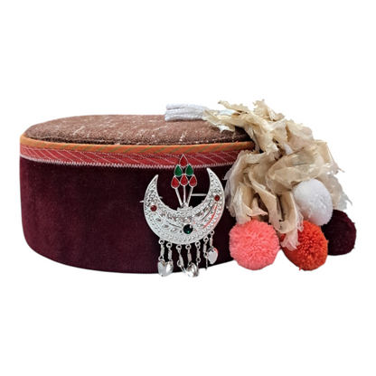 Himachali Traditional Kinnauri Topi with Maroon Patti and Pom-Poms Flower, Silver Chand on top Unisex Cap