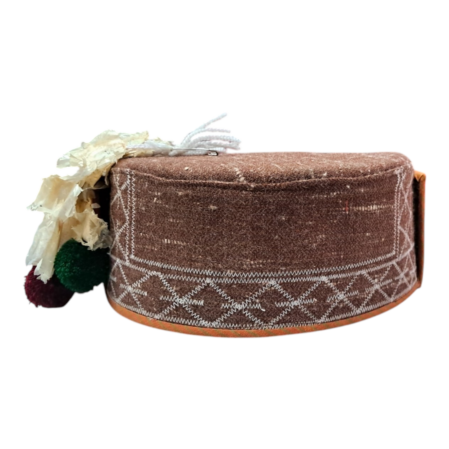 Himachali Traditional Kinnauri Topi with Maroon Patti and Pom-Poms Flower, Silver Chand on top Unisex Cap