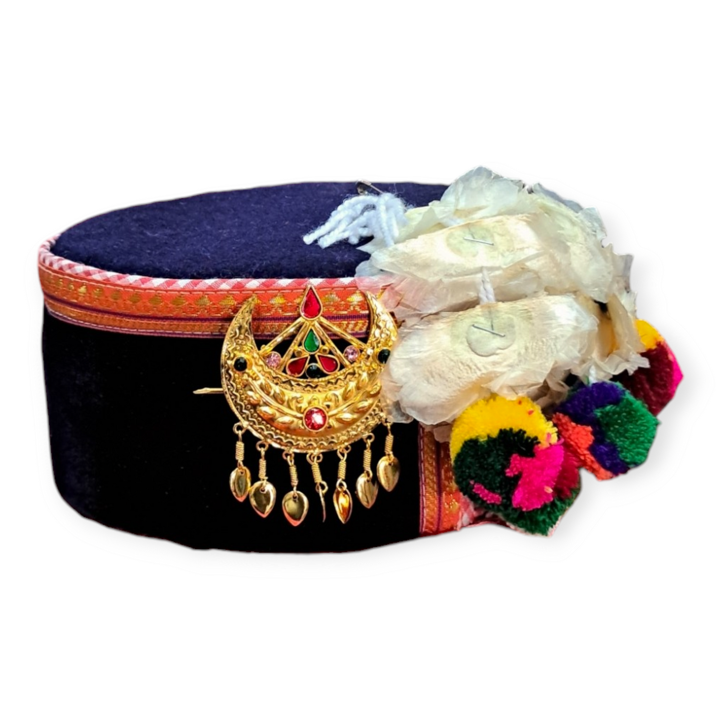 Himachali Traditional Saneel Gotta Topi with Royal Navy Blue color Patti and Pom-Poms Flower, Golden Chand on top Unisex Cap