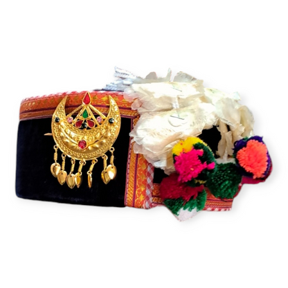 Himachali Traditional Saneel Gotta Topi with Royal Navy Blue color Patti and Pom-Poms Flower, Golden Chand on top Unisex Cap