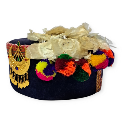 Himachali Traditional Saneel Gotta Topi with Royal Navy Blue color Patti and Pom-Poms Flower, Golden Chand on top Unisex Cap