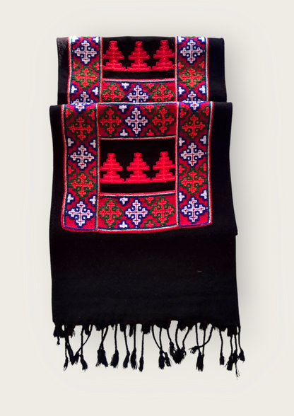 Himalyan Threads Unisex Black Kinnauri Kadhai Muffler – Handwoven Wool Scarf with Traditional Design.