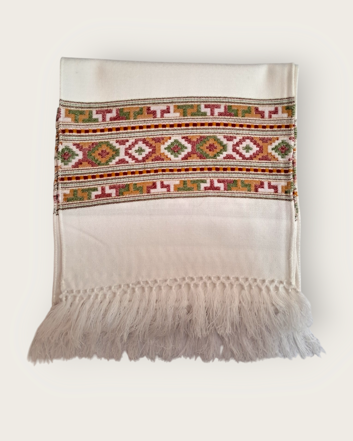 Kullu III Patti white Woolen Muffler – Handcrafted with Traditional Himachali Designs for Ultimate Warmth, Comfort, and Style by Himalyan Threads