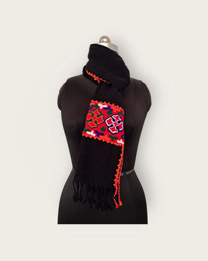 Himalyan Threads Unisex Black Kinnauri Embroidery Muffler – Handwoven Wool Scarves with Traditional Designs