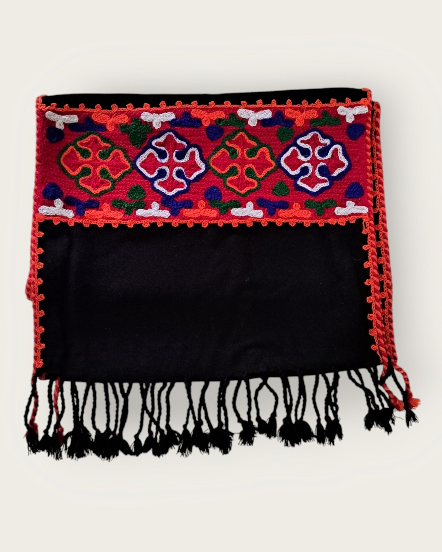 Himalyan Threads Unisex Black Kinnauri Embroidery Muffler – Handwoven Wool Scarves with Traditional Designs