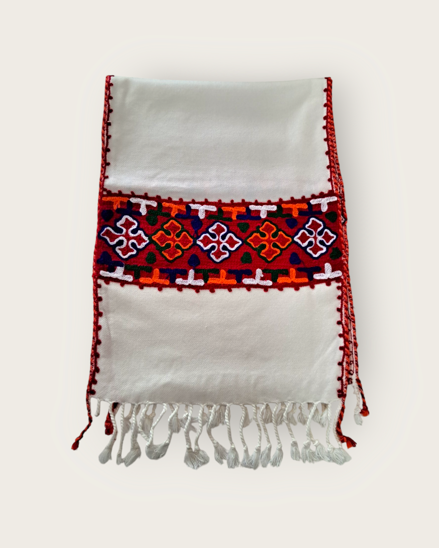 Himalyan Threads Unisex White Kinnauri Embroidery Muffler – Handwoven Wool Scarves with Traditional Designs